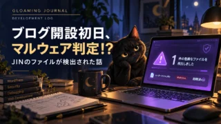 WordPressブログ開設初日、JINのファイルがマルウェア判定された出来事を描いたイラスト。警告画面を表示したパソコンの横で黒猫が首をかしげている。