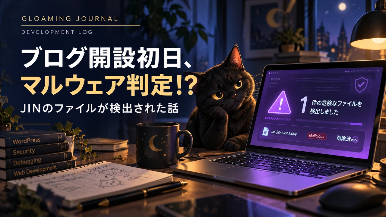 WordPressブログ開設初日、JINのファイルがマルウェア判定された出来事を描いたイラスト。警告画面を表示したパソコンの横で黒猫が首をかしげている。