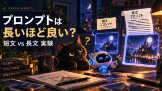 夜の作業机で、黒猫と小さなAIロボットが短文と長文の画像生成プロンプトを比較しているイラスト。画面には、それぞれのプロンプトで生成した幻想的な城の画像が並んでいる。
