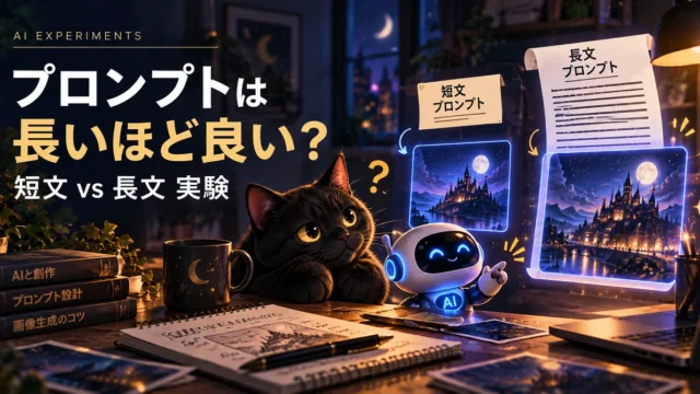 夜の作業机で、黒猫と小さなAIロボットが短文と長文の画像生成プロンプトを比較しているイラスト。画面には、それぞれのプロンプトで生成した幻想的な城の画像が並んでいる。