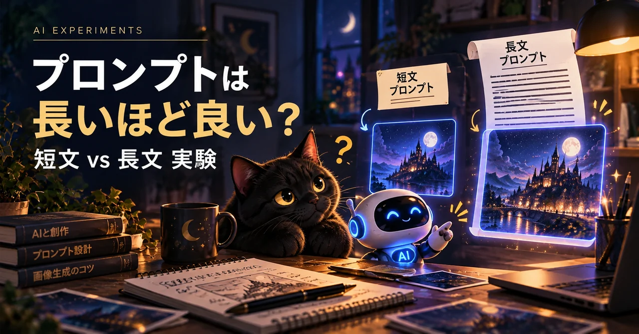 夜の作業机で、黒猫と小さなAIロボットが短文と長文の画像生成プロンプトを比較しているイラスト。画面には、それぞれのプロンプトで生成した幻想的な城の画像が並んでいる。
